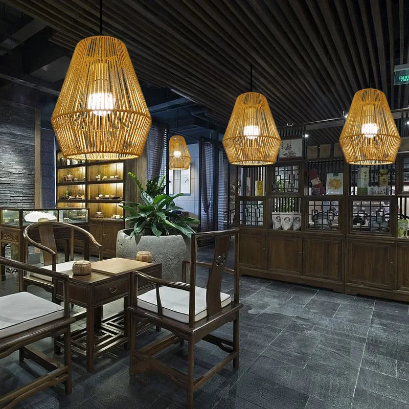 Rattan Pendant Lamp Shade Weaved for Restaurant Bar Bedroom Balcony Pendant Light Simple Retro Hand-woven Rattan