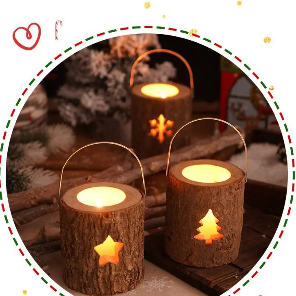 Home Decor Rustic Wood Candlestick Decorative Natural Craft Candelabra with Handle Minimalist Candle Holder Gift
