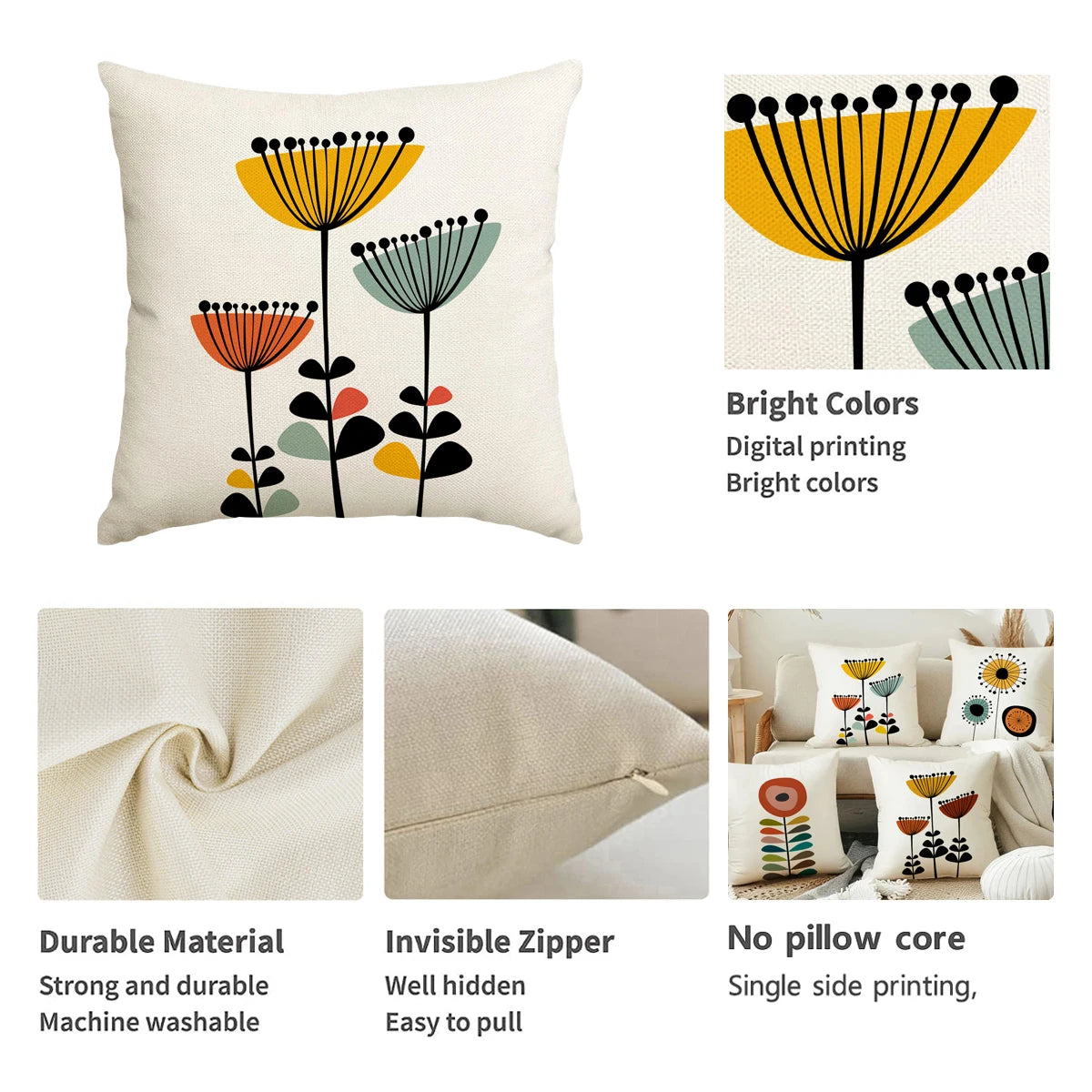 1/4pcs Floral and plant printed pillow cover, Bohemian room living room sofa decoration cushion cover (without pillow core)