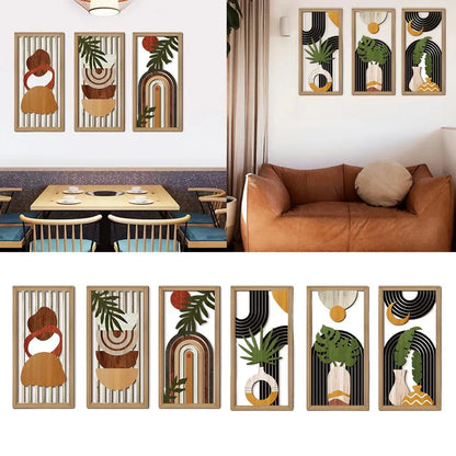 Modern Line Hollow Wooden Art Wall Decor Abstract Geometric Wall Sculptures Banana Leaves Bohemian Wall Art Decor