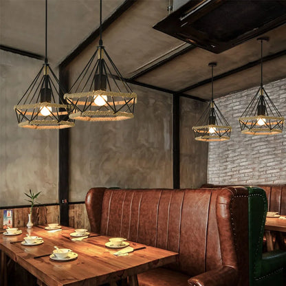 E27 Industrial Lighting Loft Pendant Light Vintage Lamp Shade Loft Coffee Bar Kitchen Hanging Pendant Light Metal and Hemp Rope