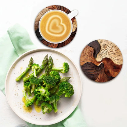 Juego de 6 elegantes posavasos de madera, diseño artesanal con vetas de madera y patrones en espiral, perfectos para café, té, hogar y decoración de bares.