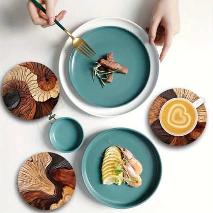 Juego de 6 elegantes posavasos de madera, diseño artesanal con vetas de madera y patrones en espiral, perfectos para café, té, hogar y decoración de bares.