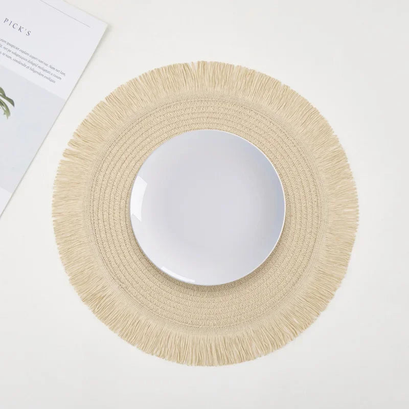 Round Braided Placemats Fringe Paper Table Mats Hand Woven Non-slip Insulation Place Mats Tea Cup Pad Dining Table Decorations