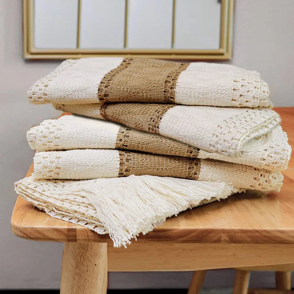 Splicing Burlap Table Runner Farmhouse Style, Boho Table Runner Modern Farmhouse Decor Rustic Woven Cotton Crochet Lace