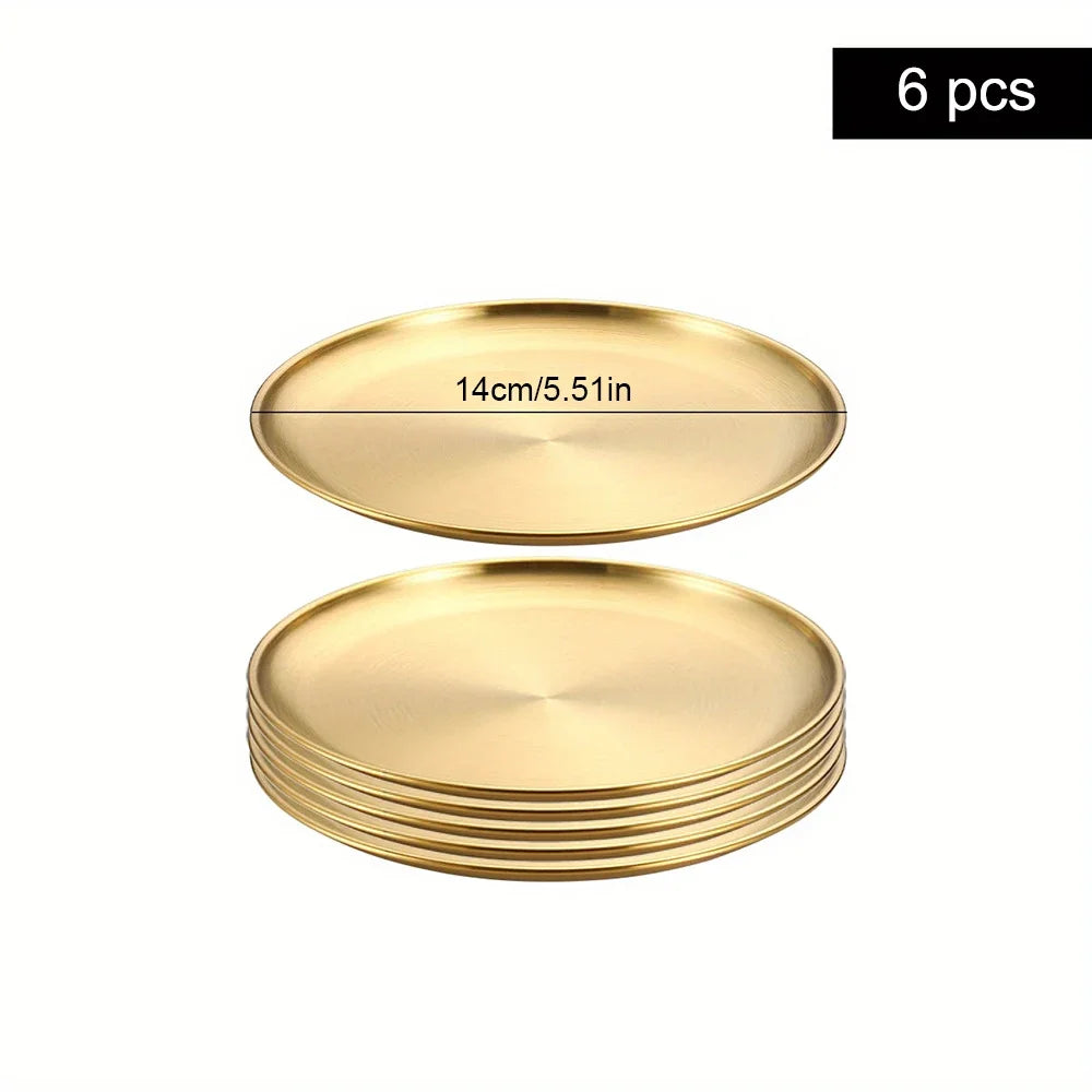 6Pcs Gold Stainless Steels Round Plate Rust-Proof Shallow Tray Plate Camping Plate BBQ Picnic Dishes Cookware