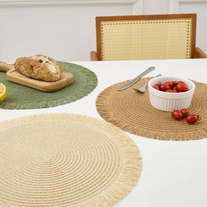Round Braided Placemats Fringe Paper Table Mats Hand Woven Non-slip Insulation Place Mats Tea Cup Pad Dining Table Decorations
